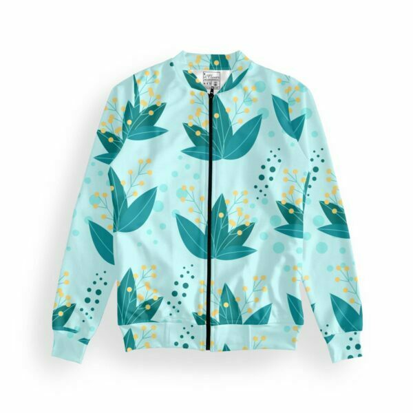 Green Floral Style Women's Zipper Bomber Jacket With Pockets its clover