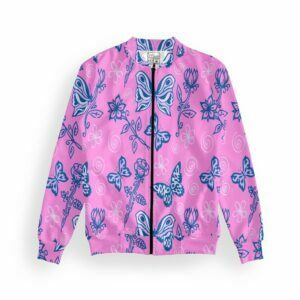 Pink Butterfly Style Women's Zipper Bomber Jacket With Pockets its clover