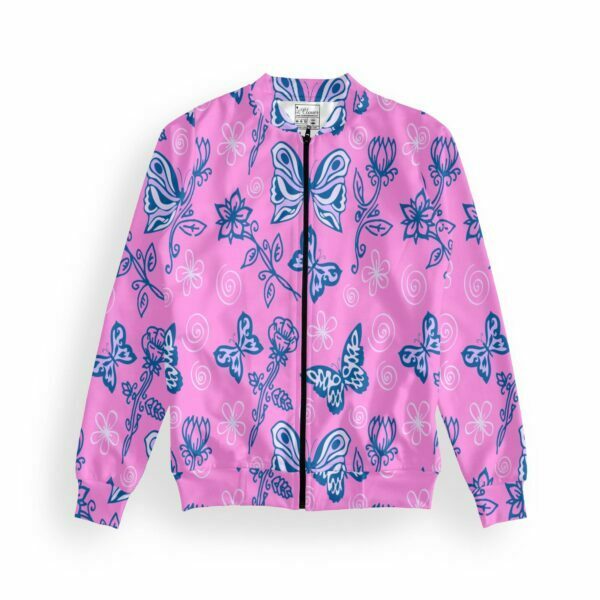Pink Butterfly Style Women's Zipper Bomber Jacket With Pockets its clover