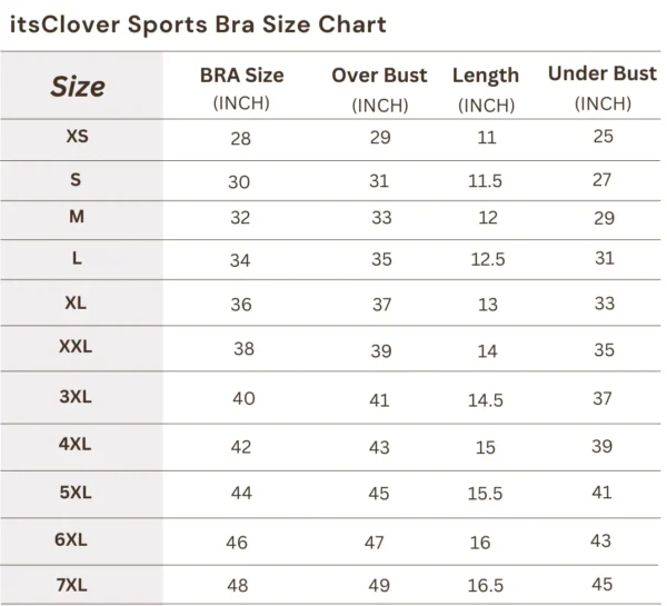 itsclover sports bra Size Chart