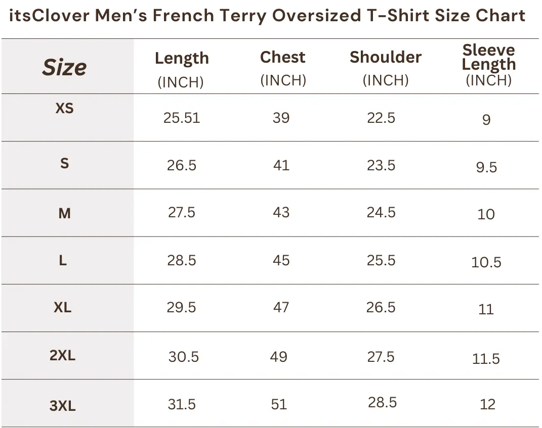 French Terry Oversized T-Shirt itsclover size chart